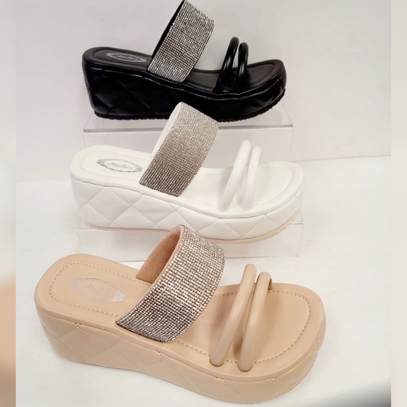 Italina Black Strappy Triple Band Rhinestone Platform Slip-On Quilt Wedge Sandal - Picture 6 of 6